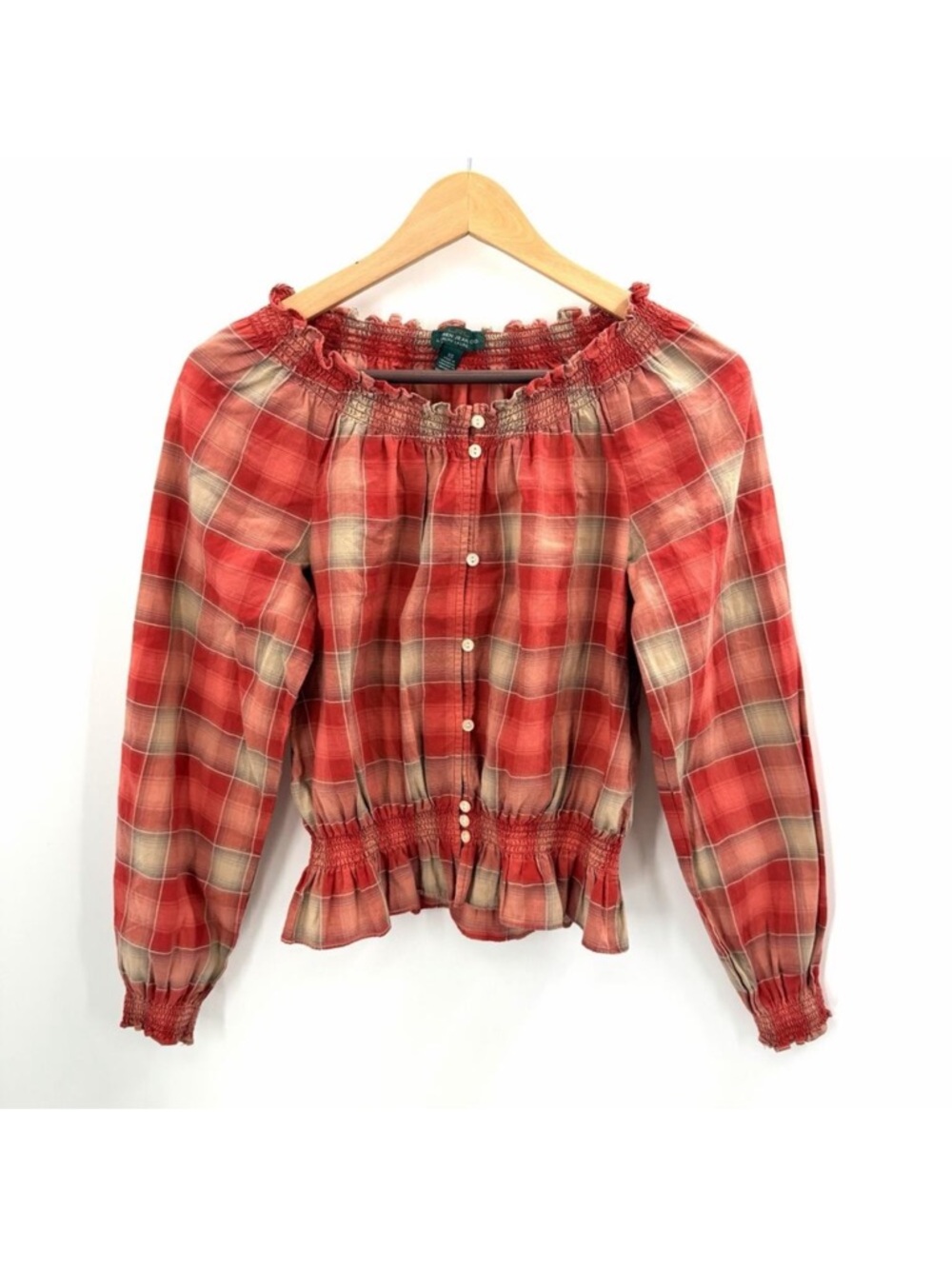 Ralph Lauren Red Tan Plaid Off The Shoulder Button Down Shirt Top Womens XS